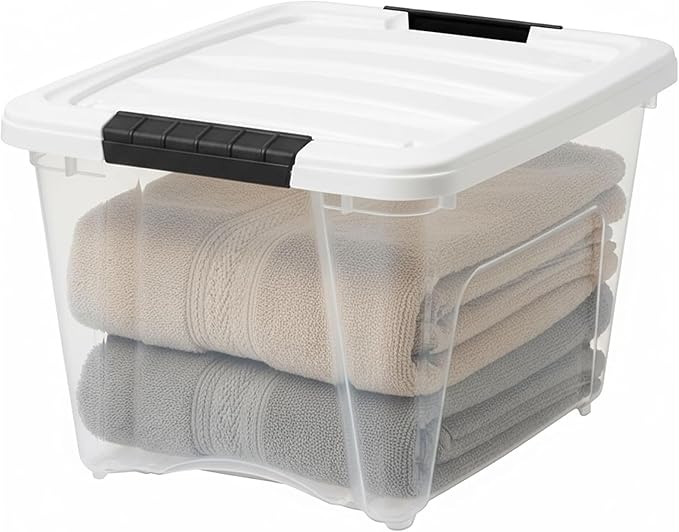 IRIS USA 19 Qt Stackable Plastic Storage Bins with Lids 12 Pack - BPA-Free Made in USA - See-Through Organizing Solution Latches Durable Nestable Containers Secure Pull Handle - Clear/White