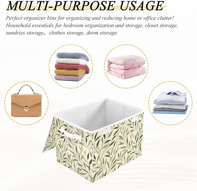 Beige Botanical Willow Leaf Collapsible Storage Bins with Lids Decorative Fabric Cubes Closet Organizer Basket Boxes Containers for Clothes Box Chest Folding Rectangle
