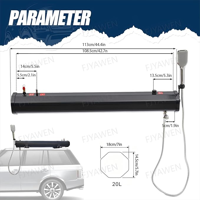 4.76/5.28/7.93gal Pressurized Water Tank for Camping Shower Portable Outdoor Roof Rack Water Tank with 4.9ft Water Hose Shower Head 5.28gal/20L