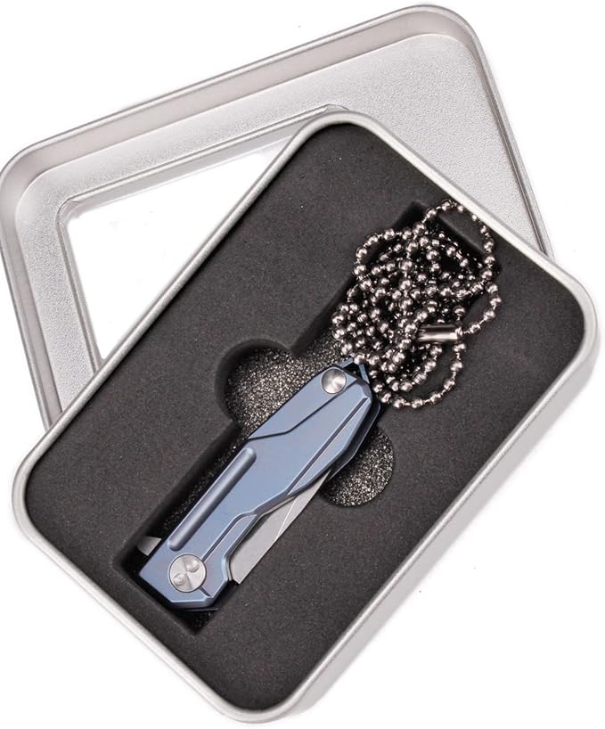 Samior HY002 Ultra Small Little Folding Pocket Flipper Knife 1.3” D2 Damascus Blade Blue Titanium Handle with Frame Lock Mini EDC Keychain Necklace Knives (Blue)