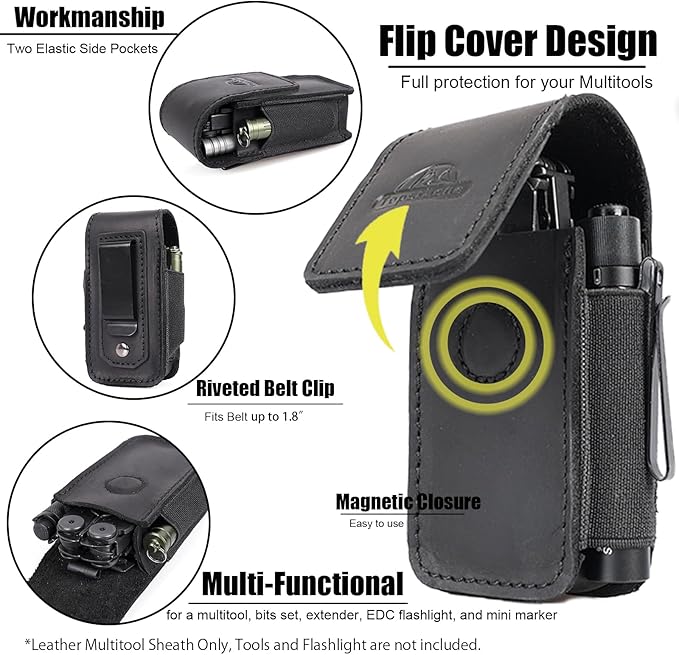 Topstache Leather Multitool Sheath with Belt Clip - EDC Multi Tool Holster for Folding Tool - Leather EDC Holster Pouch Belt Organizer - Magnetic Closure Multitool Case Sheath MBlack