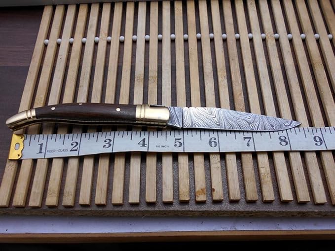 Laguiole Folding Damascus Steel Knife 8.5 Long with 4 Hand Forged Twist patren Blade. Rose Wood &amp Brass Bolster Scale. Cow Hide Leather Sheath Included (Brown)