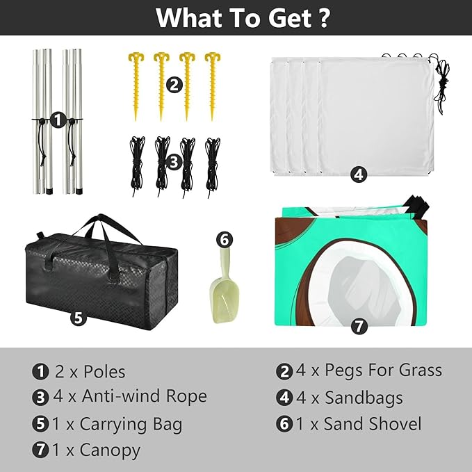 xigua Coconuts Beach Tent Sun Shelter with Carrying Bag - Silver Coated Oxford Fabric Beach Canopy for Beach Camping Fishing - Includes Windproof Ropes Sandbags &amp Stakes