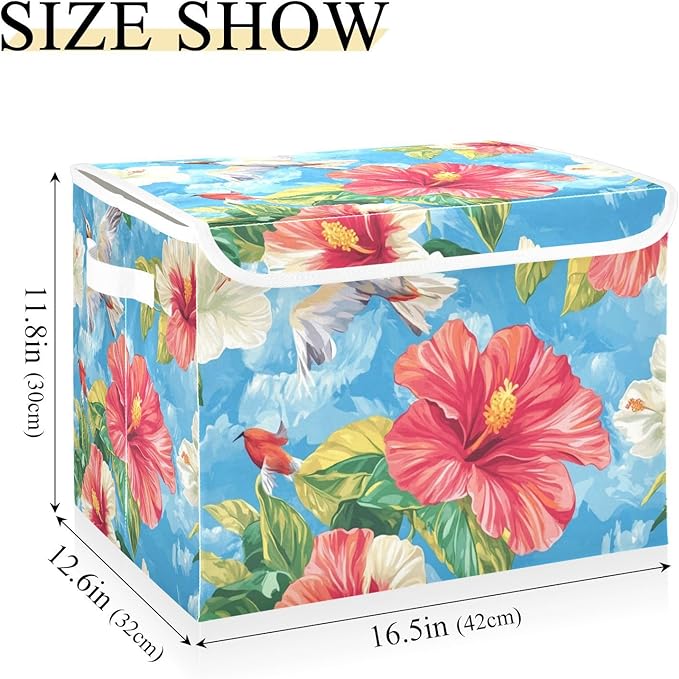 Collapsible Storage Bins with Lids Decorative Fabric Storage Cubes Closet Organizer and Storage Basket Boxes Containers for Clothes Box Chest Nursery Folding Rectangle Hibiscus Birds Oil Pain