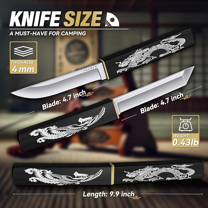 Purple Dragon Tanto Fixed Blade KnifeOutdoor Bushcraft and Survival KnifeFull Tang Outdoor Knives 2 in 1Ideal for CampingHiking-Outdoor Knives Christmas Gift for Men and Women
