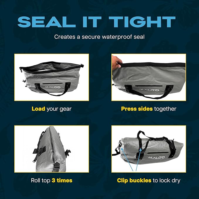 Malo’o Waterproof Dry Duffel Heavy-Duty Roll Top Waterproof Gear Bag with Shoulder Strap &amp Molle Loops Marine Duffel for Kayaking Boating Camping Beach &amp Travel Grey 60L