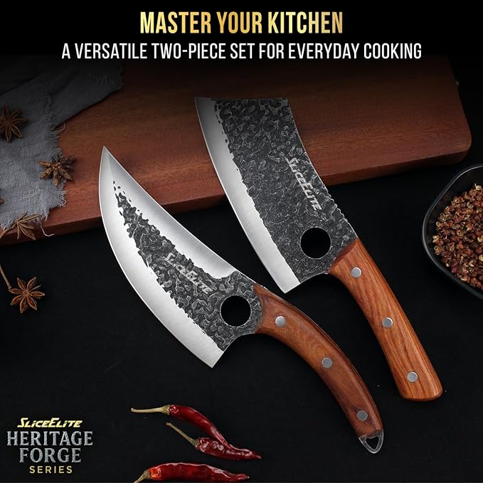 SliceElite 2PCS Hand-Forged Butcher Knife Set | Cleaver &amp Viking Knives for Meat Cutting | Professional Chef Knife Gift Box Perfect BBQ Tool for Men
