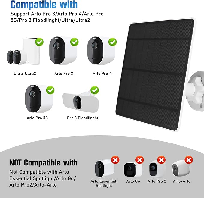 Solar Panel Charger Compatible with Arlo Pro 3/Pro 4/Pro 5S/Pro 3 Floodlight/Ultra/Ultra2 5W 5V Solar Panel Continuous Power Supply 9.8ft Cable IP65 Waterproof 360° Adjustable Bracket 2 Pack