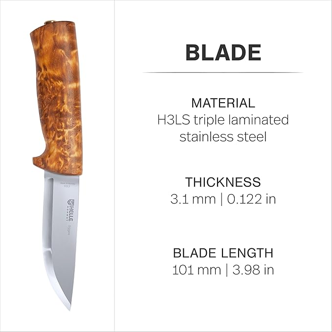 HELLE Knives - Eggen - Triple Laminated Stainless Steel Outdoor Adventure Camping Knife with Sheath Stick Tang Fixed Blade Curly Birch Handle Made in Norway