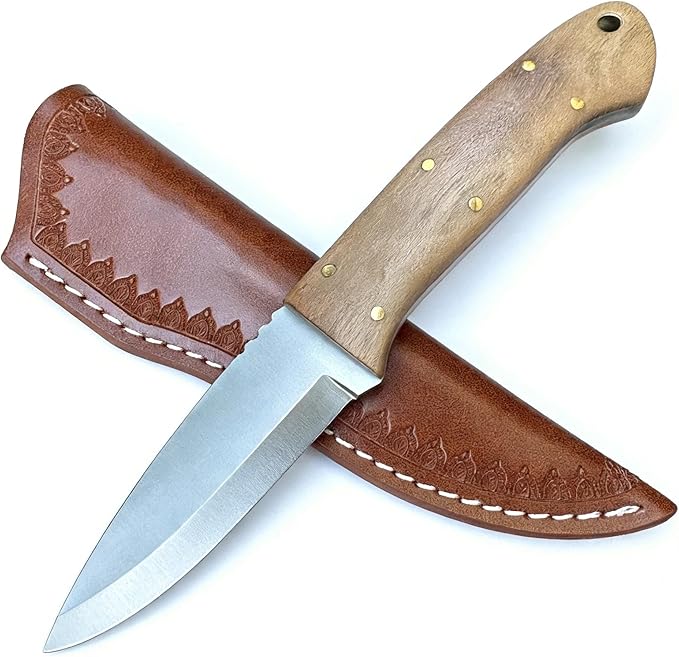 3.74 inches Bowie Knife Full-tang D2 Steel Fixed Blade Walnut Handle Hunting Knife with Leather for Camping Hiking Survival