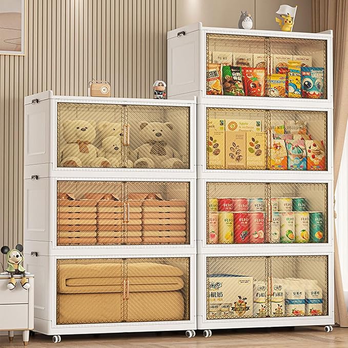 5900QT Stackable Storage Bins with Lid147Gal Closet Organizers and Plastic Cabinets Shelves Collapsible Drawers Foldable Boxes with Wheels for Home Office 3Pack (Clear Door 39inch)