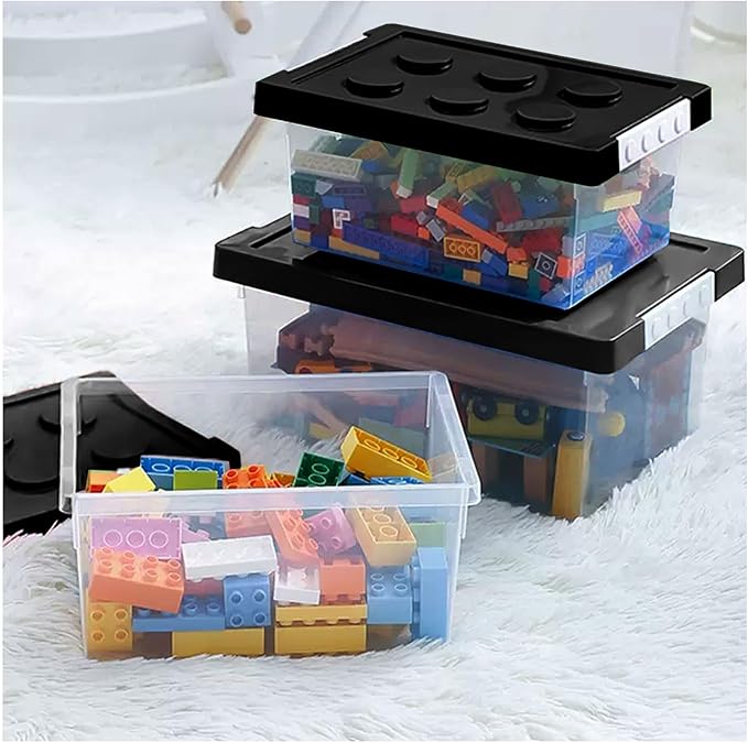 loobuu Plastic Storage Bins with Lids - Stackable Toy Storage Organizer Box Set of 2 Toy Chests with Compatible Building Baseplate and Lid Storage Container for Building Bricks &amp Toys- Black