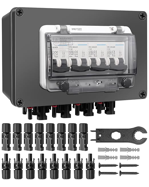 Solar Panel Disconnect Switch 4 String 32 Amp DC Circuit Breaker Box Waterproof IP67 Solar Combiner Box with MC4 Connectors for Grid-Connected and Off-Grid Systems 4 in 4 Out