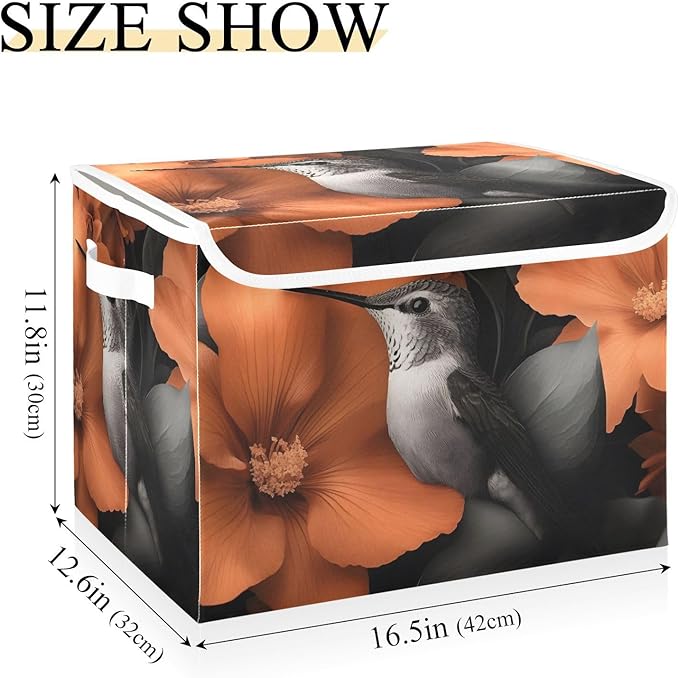 Storage Cube with Lid Hummingbird Flowe Print 16.5×12.6×11.8 IN Collapsible Large Capacity Foldable Storage Basket Bin Organizer