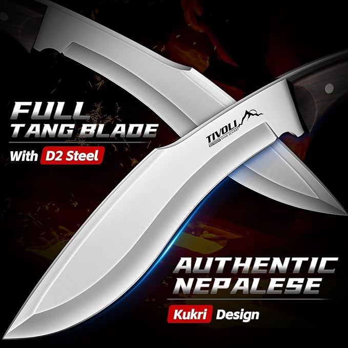 TIVOLI Kukri Fixed Blade Knife - Full Tang Survival Knife with Sheath Heavy-Duty Hunting Knives for Camping Bushcraft Gardening &amp Outdoor Adventures – Great Christmas Gift for Men and Women