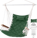 Hammock Chair Hanging Swing with Wooden ArmrestSteel Spreader BarPillowsHardware kit IncludedCotton WovenUp to 350 Lbsfor Indoor Outdoor Green