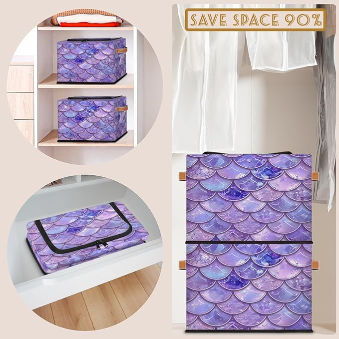 Mermaid Scales Storage Box with Lid Ocean Beach Collapsible Storage Bins Baskets Cubes Closet Shelf Clothes Organizer Containers with PU Leather Handles