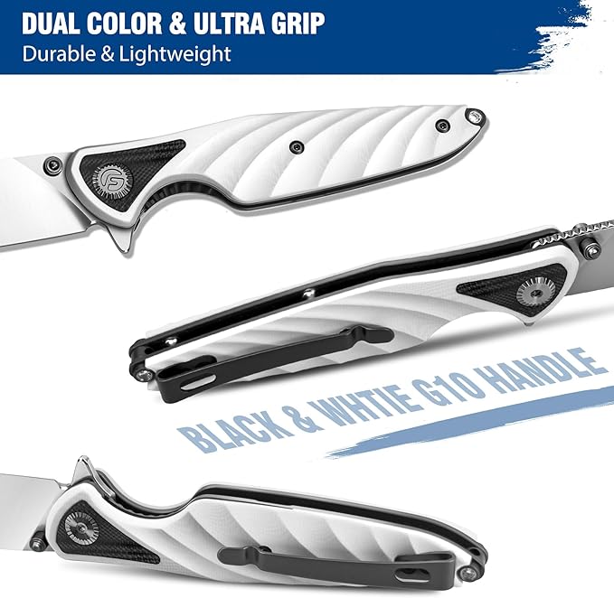 FINTISO Pocket Knife 3.15 Folding Knife Premium 14C28N Blade Bicolour White and Black G10 Handle Design with Liner Lock Pocket Clip for Men Women Small EDC Knife for Camping Hunting Hiking Survi