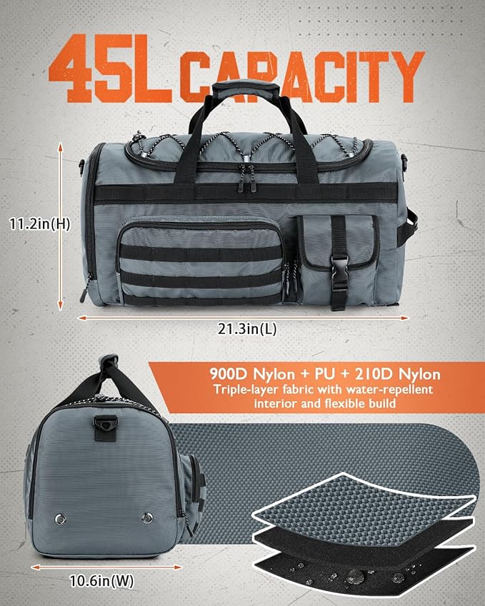 Gonex 45L Duffel Bag for Men 3 in 1 Convertible Carry Gym Duffle with Shoe Compartment Tactical Gear Loops Water-Repellent Lining Workout &amp Travel Bag (Gray)