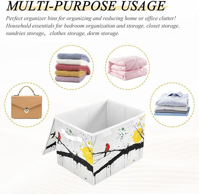 Art Drawing Bird Storage Cube Bins Basket with Lid Collapsible Flip-top Fabric with Handle for Home Bedroom Closet Office 16.5×12.6×11.8 in