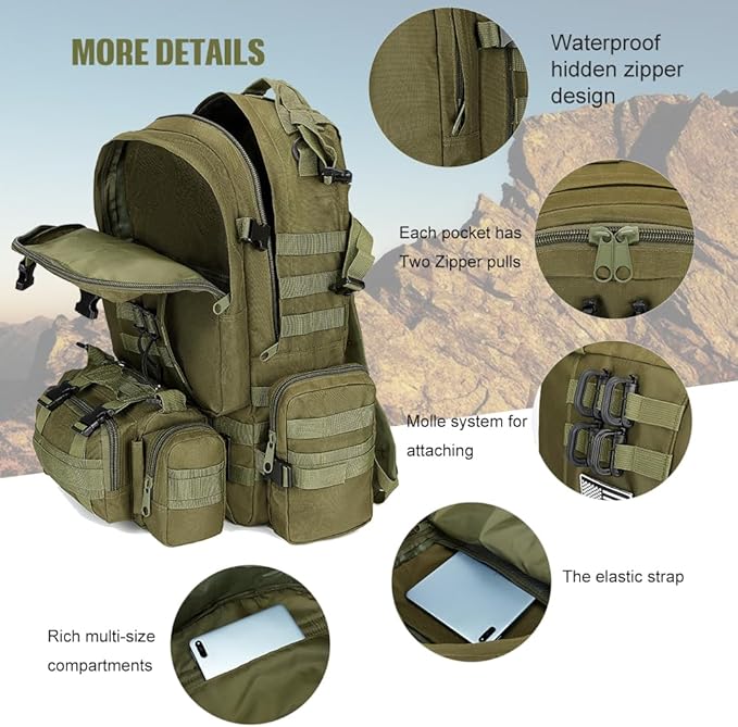 Large Military Tactical Backpack for Men 40-50L Backpacks for Women Bug out Bag Army 3 Days Pack Bags Rucksack with Molle System Green