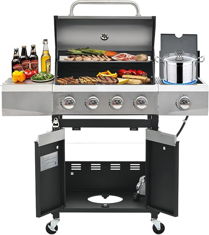 Livavege Outdoor BBQ Grill 4-Burner Propane Gas Grill with Side Burner &amp Cast Iron Grates - Stainless Steel 46700 Btu Barbecue Grills for Patio Cooking Kitchen Backyard Garden (4+1)
