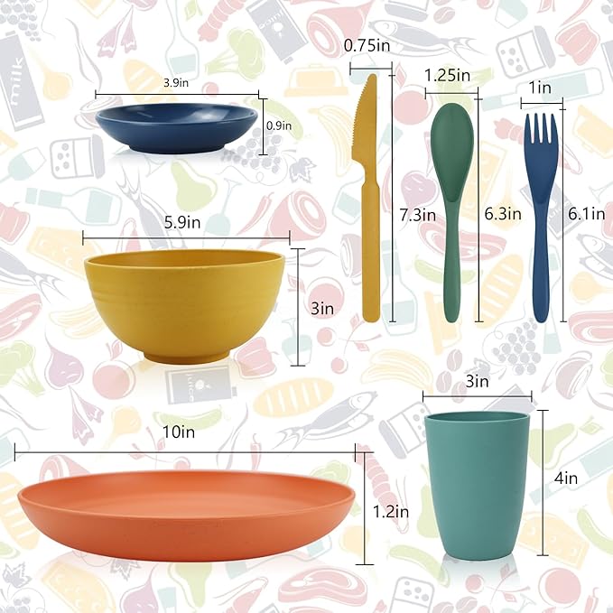 Wrova Wheat straw plates and bowls sets with cutlery - Unbreakable wheat straw dinnerware sets of 28 - Microwave safe platesbowlscups for campingkitchennew apartment.Colorful