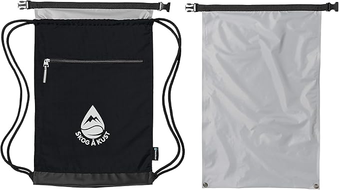 Skog Å Kust GymSak | Patented 2-in-1 Drawstring Cinch Bag with Removable Waterproof Dry Bag | Black &amp Grey