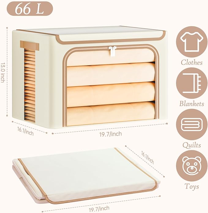 Yecaye Clothes Storage Bins with Metal Frame Foldable Clothing Storage Bin with Lid Stackable Oxford Fabric Organizer Box With Clear Window &amp Zippers &amp PU Leather Handles (3 PackBeige66L)