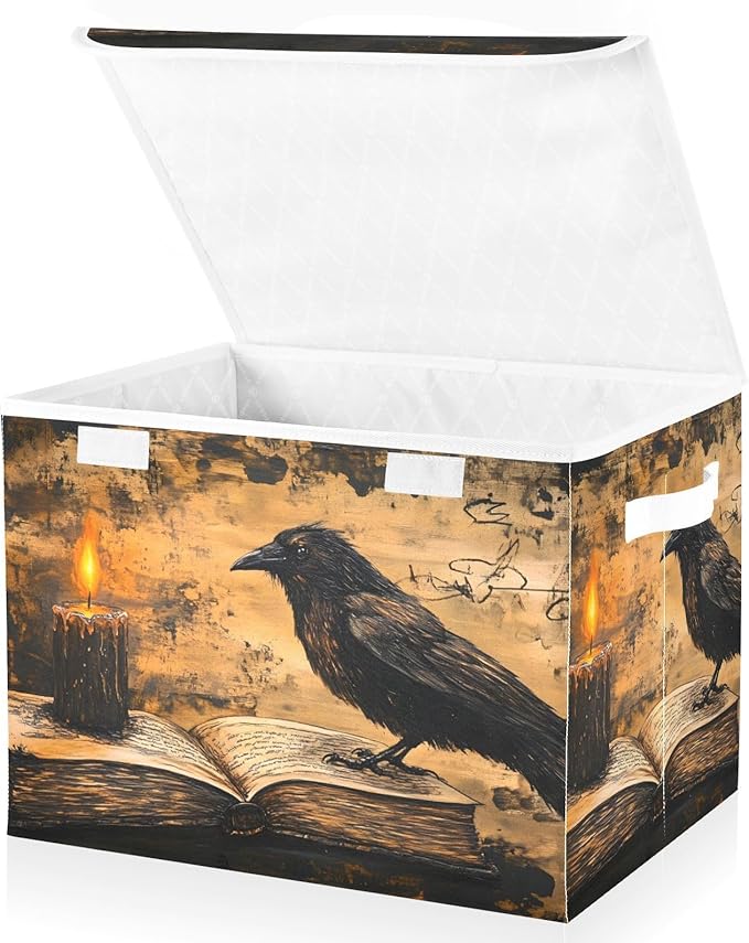 Storage Cube with Lid Gothic Crow Book Print 16.5×12.6×11.8 IN Collapsible Large Capacity Foldable Storage Basket Bin Organizer
