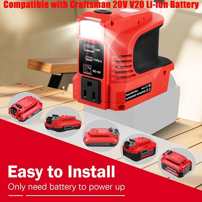 180W Power Inverter for Craftsman 20V DC 20V to AC 110-120V Battery Inverter 20 Volt Battery Powered Portable Power Source Supply Charger Adapter with USB&ampType-C&ampAC Outlet&ampLED Light