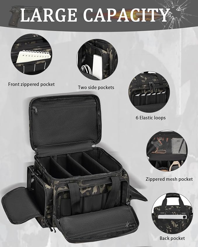 HAMBOLY Tactical Gun Range Bag for Handguns Pistol Range Bag with 6X Magazine Slots and Extra Pockets for Ammo and Essentials for Shooting Hunting Outdoor Sports