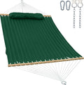 GAFETE Hammock 2 Person Quilted Fabric Hammocks for Outside Double 12ft Hammocks with Spreader Bar Large Removable Pillow Storage Bag Carabiners Max 475 lbs Capacity (Night Green)
