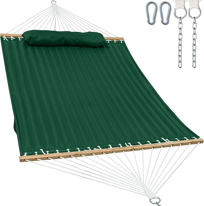 GAFETE Hammock 2 Person Quilted Fabric Hammocks for Outside Double 12ft Hammocks with Spreader Bar Large Removable Pillow Storage Bag Carabiners Max 475 lbs Capacity (Night Green)