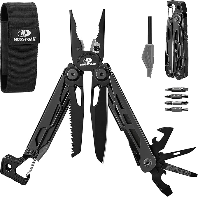 MOSSY OAK CNC-Machined Multitool Pliers 27-in-1 Multi Tool with Pocket Knife Fire Starter &amp Whistle Bottle Opener Screwdriver – Self-Locking Survival Tool for Camping &amp Hiking Black