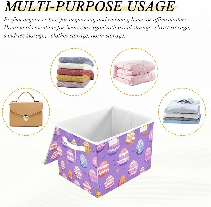 Collapsible Storage Bins with Lids Decorative Fabric Storage Cubes Closet Organizer and Storage Basket Boxes Containers for Clothes Box Chest Nursery Folding Rectangle Purple Easter Eggs