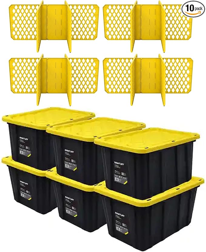 Ramtuff 6 Pack Heavy Duty Stackable Storage Container Snap-Tight Lid 27 Gallon and ORGANIZE-IT! 4 Pack 6 Slot Tote Dividers for Storage Containers