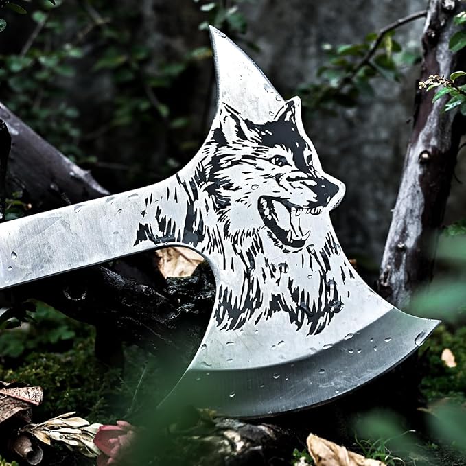 Camping Hatchet Overall 8.5in w/4in Blade Compact Camp Axe Stainless Steel Blade and Comfortable Wooden Grip Outdoor Hunting Survival Hiking Tactical Axe Tomahawk Sheath Included