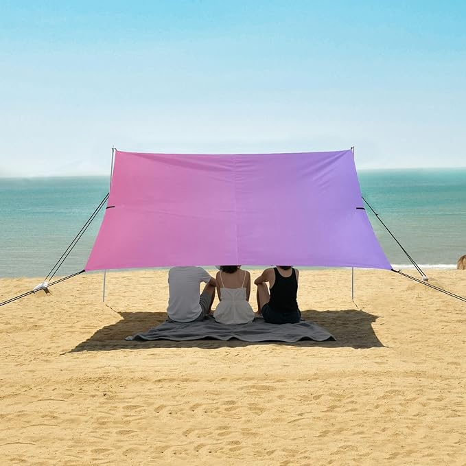 Blue Red Gradient Beach Cabana UPF50 Waterproof Sun Shelter with Sand Shovel Sandbags for Backyard and Camping