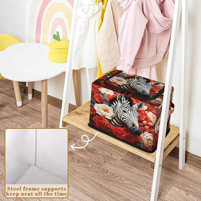 2Pcs Clothing Storage Bins with Zipper Lid Animal Zebra Storage Baskets for Organizing Foldable Storage Baskets for Closet Frame Storage Box with Reinforced Handles