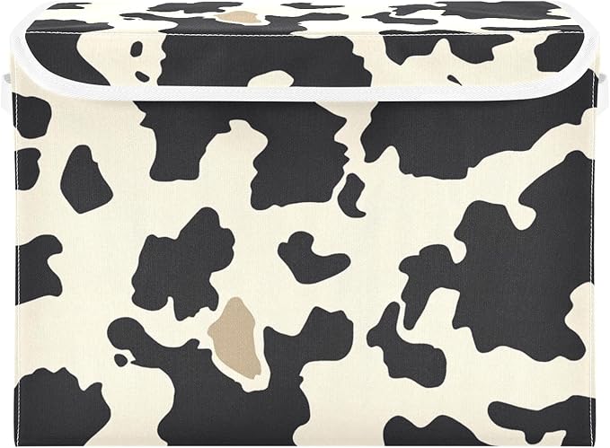 Collapsible Storage Bins with Lids Decorative Fabric Storage Cubes Closet Organizer and Storage Basket Boxes Containers for Clothes Box Chest Nursery Folding Rectangle Beige Black Cow Print