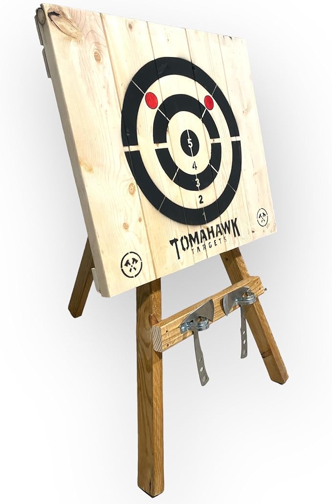 Tomahawk Targets - Large 4 Ring Wooden Axe and Knife Throwing Tripod Target Board and Stand 4ft Tall (Axes not Included)