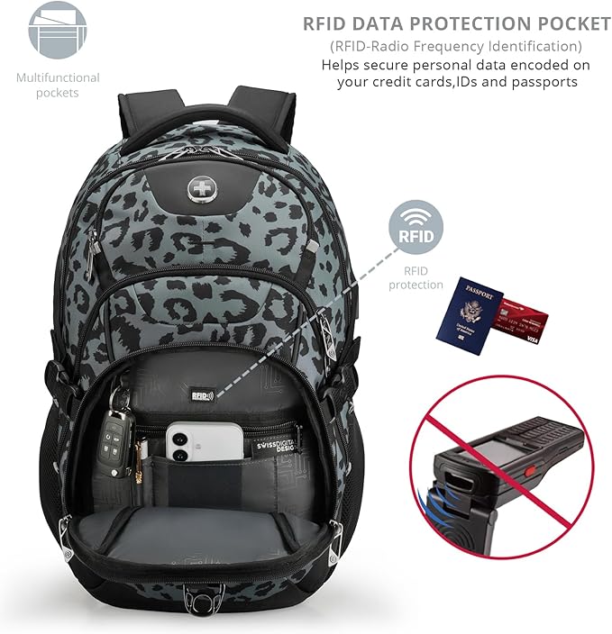 Swissdigital Laptop Backpack with USB Charging Port Travel Backpack Fits 15.6 inches Computer 31L Backpack for Men Gray Leopard | SD803-101