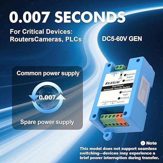 DC Automatic Transfer Switch 5-60V 5A Dual Power Backup Selector 0.007s Fast Switching Solar/Battery/Starlink Mini/Router/CCTV DC ATS with Reverse &amp Overload Protection