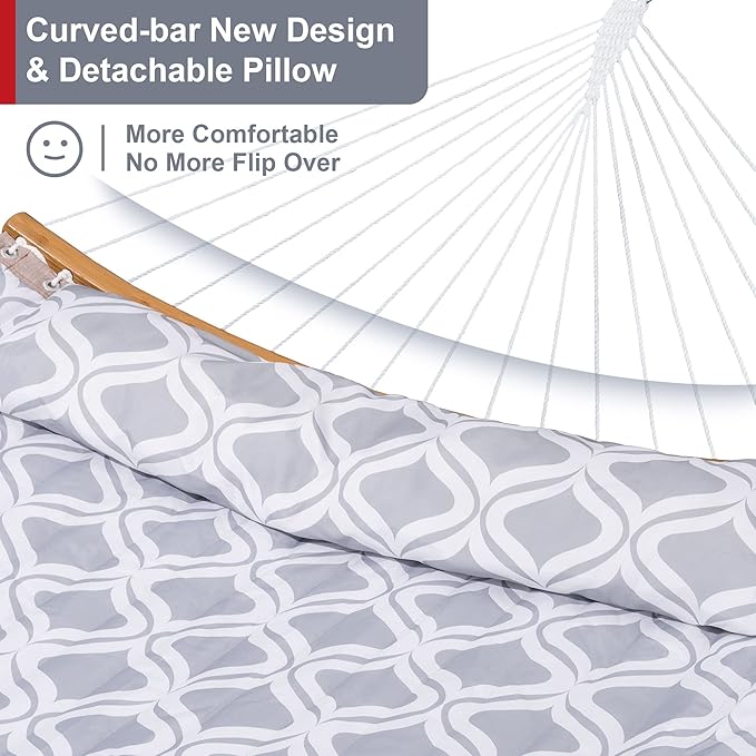 Large Hammock with 12FT Steel Stand Freestanding Hammock with Curved Spreader Bar Pillow and Portable Bag for Outside Gray Ripples