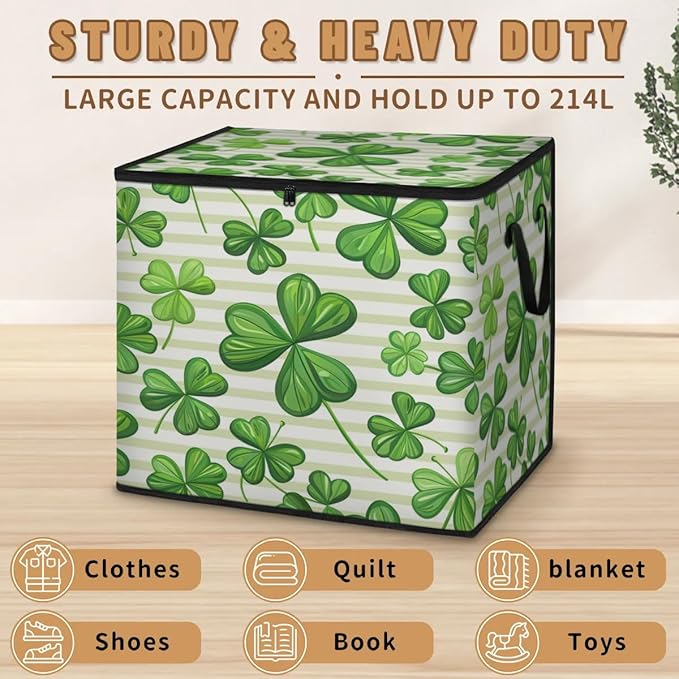 XL Large Clothes Storage with Lid Handle St.patrick's Day Large Thick Clothes Blanket Storage Containers for Organizing Bedroom Closet Comforter Clover Branches Green Leaves