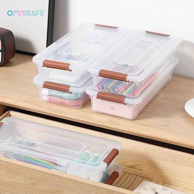 Plastic Storage Bin with Lid Stackable Design Clip Box for Crafts Supplies and Office Items Container (8 Pack 4 Quart Brown)