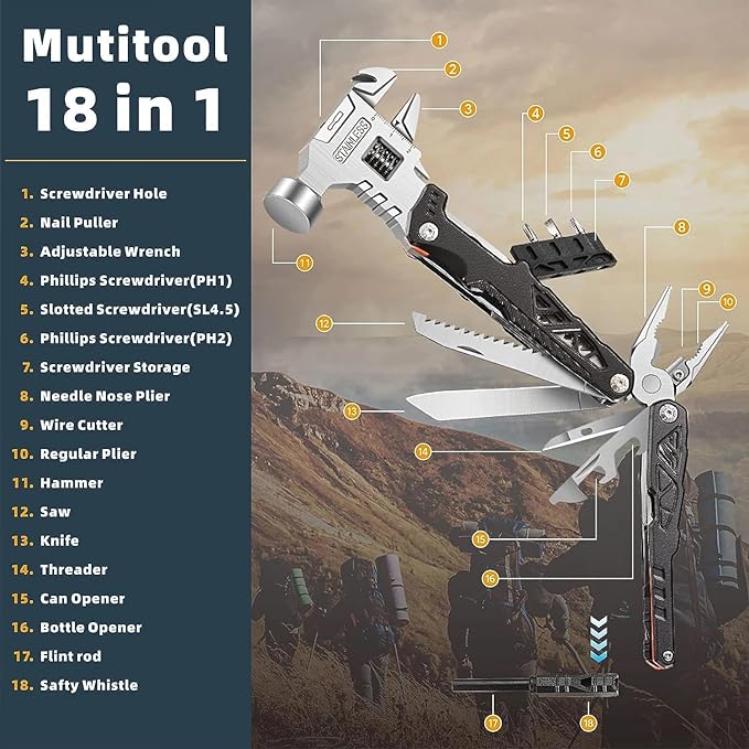 MALOM 18-in-1 Upgraded adjustable Hammer Stainless Steel multitool Pliers with Replaceable Tungsten Wire Cutters Bottle Opener Nylon Sheath Ideal for Camping Survival Hunting (Black)