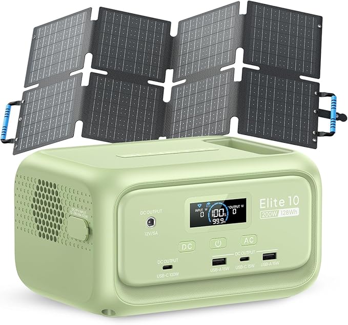 BLUETTI Solar Generator Elite 10 with 60W Solar Panel Included (Ship Separately) 128Wh Mini Power Station with 200W AC Port Palm-Size Portable Power for Camping Outages UPS Backup (Meadow Green)