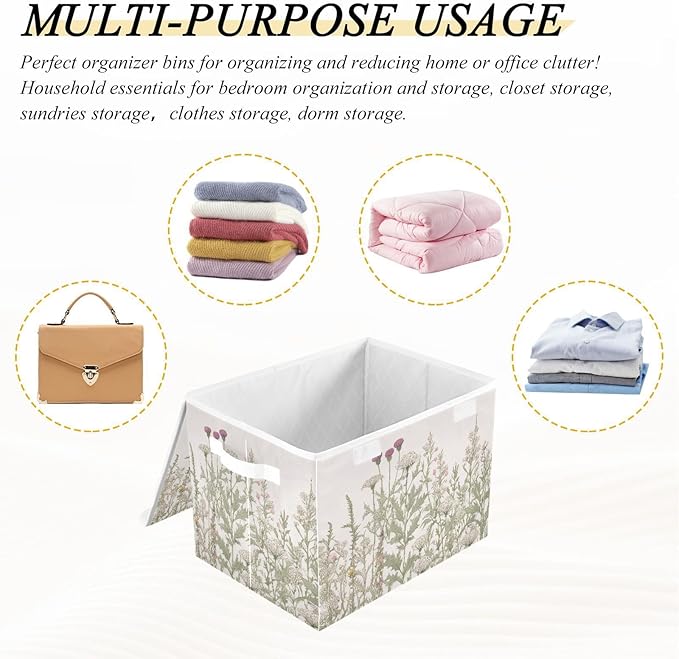 Kigai Collapsible Herbal Wildflowers Storage Basket with Lids and HandlesStorage Bins for Shelves Closet BedroomOffice Storage